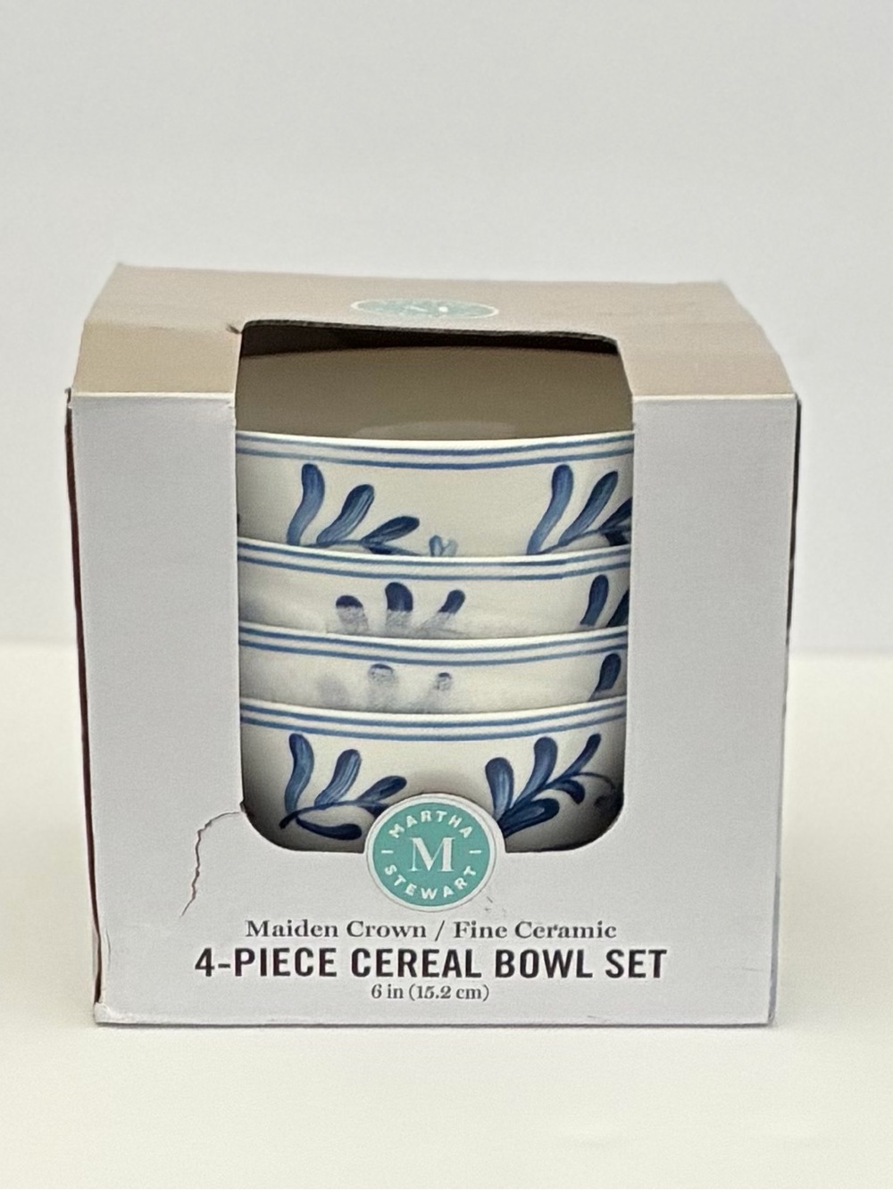 Martha Stewart Maiden Crown Fine Ceramic  4-Piece Cereal Bowl Set Blue Floral